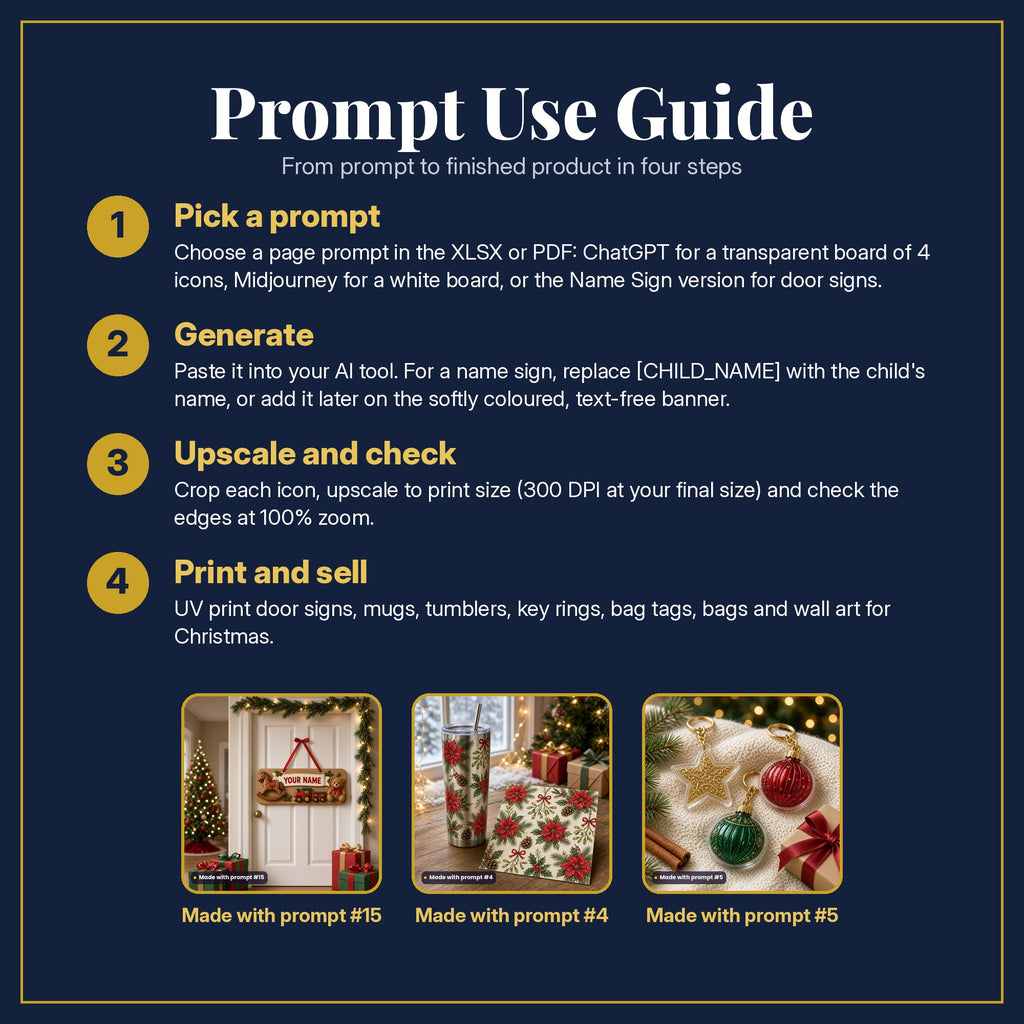 Navy and gold Prompt Use Guide page with four steps, pick a prompt, generate, upscale and check, print and sell, and three example products made with prompts #15, #4 and #5