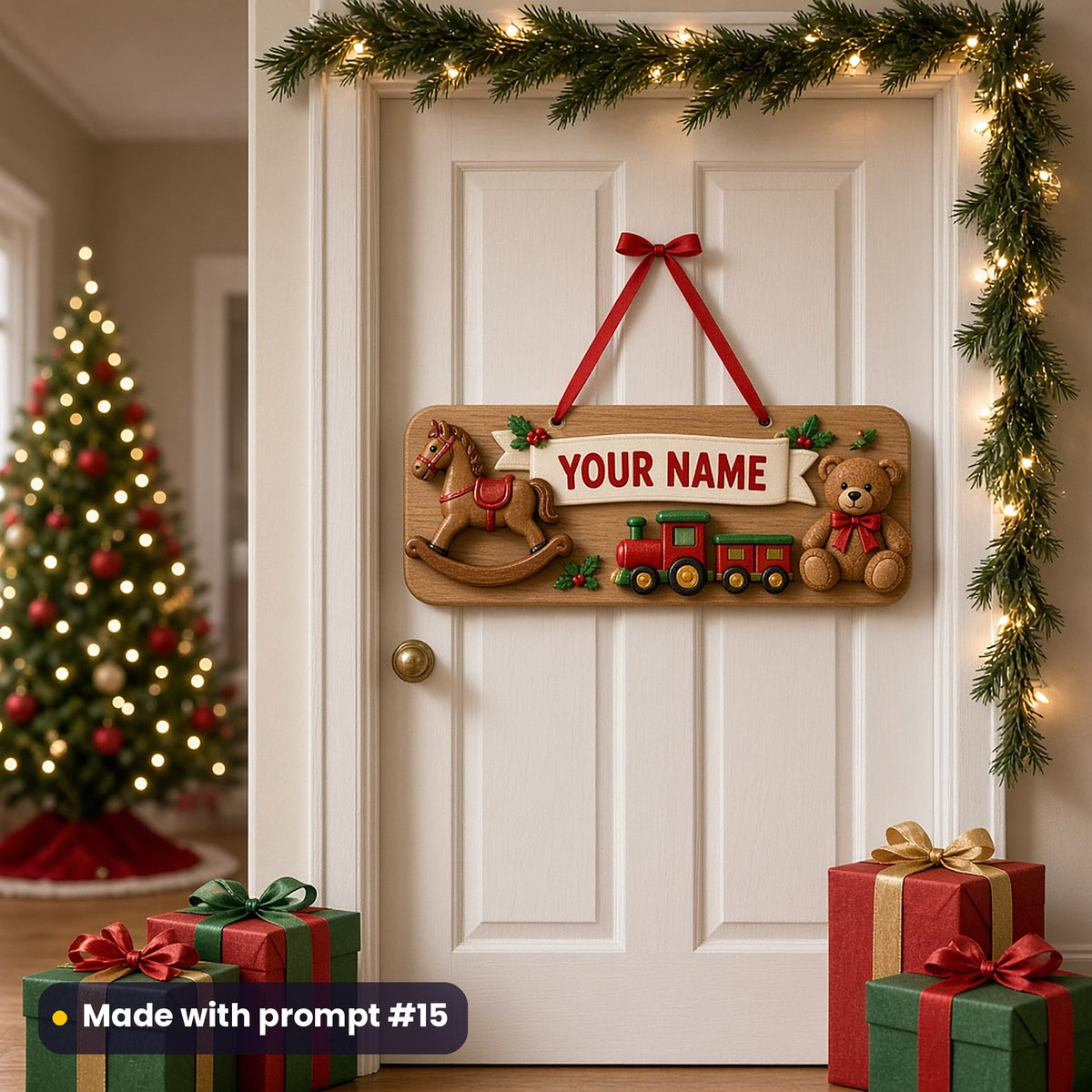 Personalised wooden bedroom door sign with a placeholder YOUR NAME banner, a raised rocking horse, a red and green toy train and a teddy bear in a red bow, hanging from a red ribbon on a white door framed by a lit garland, with wrapped gifts and a Christmas tree, made with prompt #15