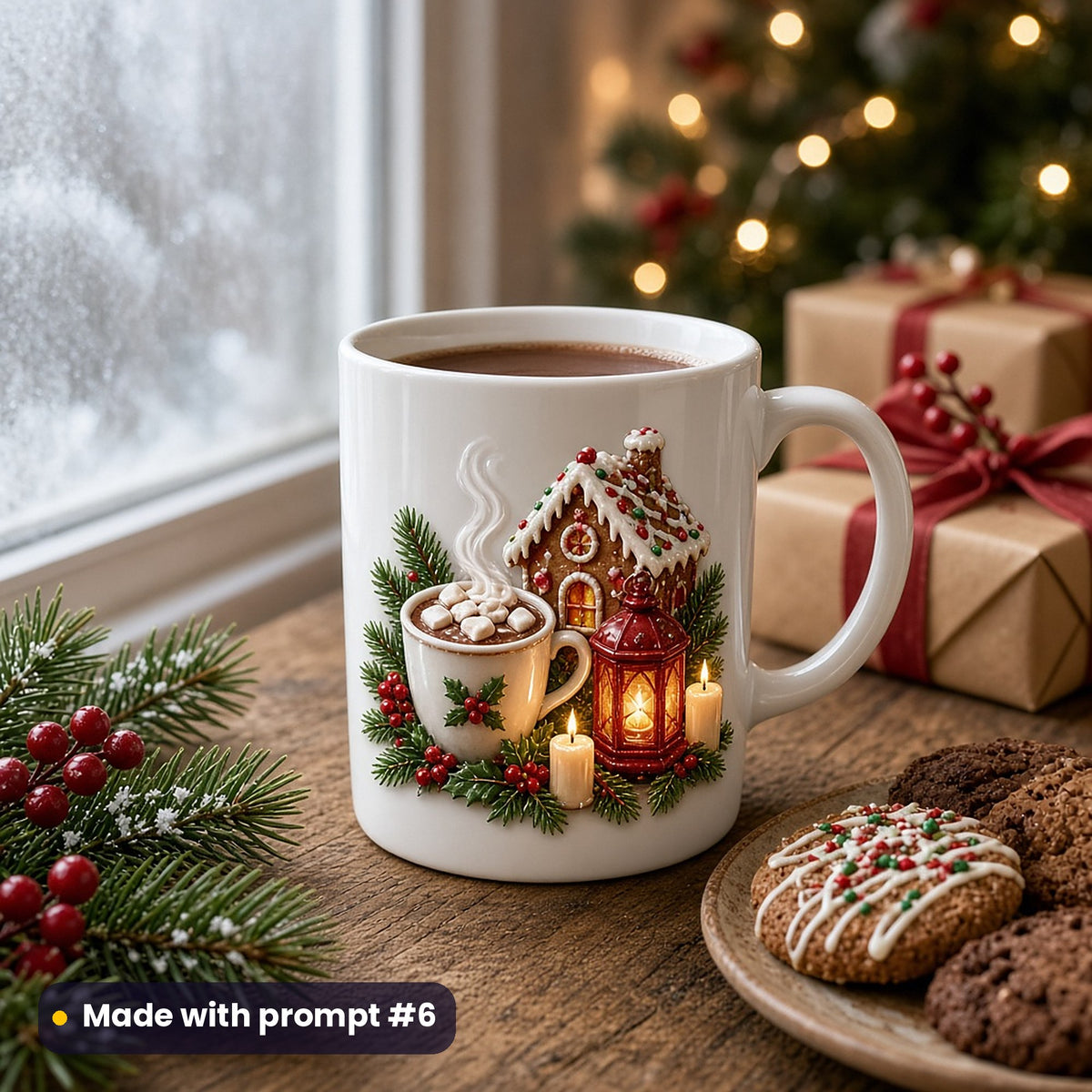White ceramic mug printed with a hot chocolate mug with marshmallows, an iced gingerbread house, a red lantern and candles with holly, on an oak table by a frosted window with cookies and kraft-paper gifts, made with prompt #6