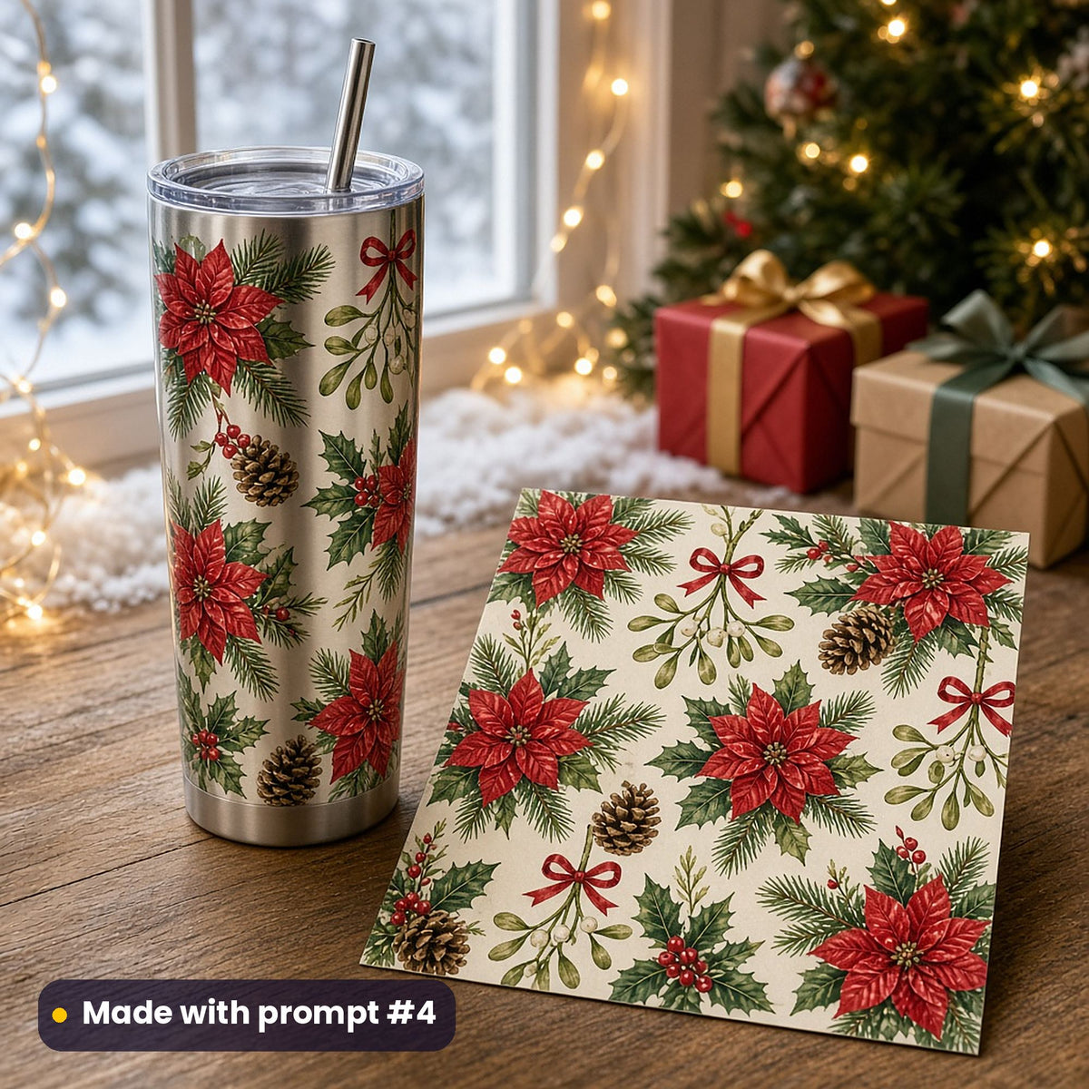 Stainless steel skinny tumbler and its flat printed tumbler wrap with red poinsettias, holly, mistletoe with red bows and pinecones on cream, on a windowsill with fairy lights, snow and wrapped gifts, made with prompt #4