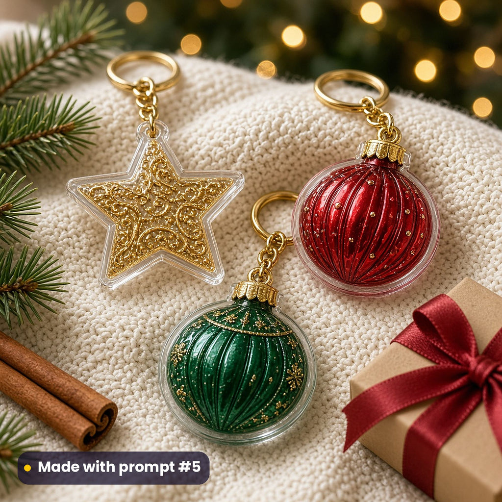 Three clear acrylic key rings with gold rings: a golden filigree star, a red ribbed bauble and a green and gold bauble, on a cream knitted blanket with pine, cinnamon sticks and a gift, made with prompt #5