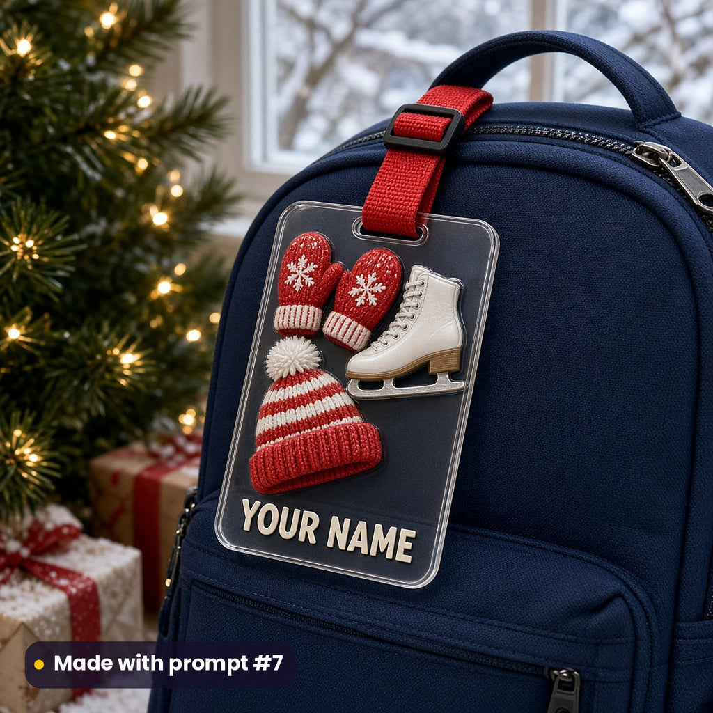 Clear acrylic bag tag with a placeholder YOUR NAME, red knitted mittens with snowflakes, a white ice skate and a red and white bobble hat, on a red strap on a navy backpack by a lit Christmas tree and wrapped gifts, made with prompt #7