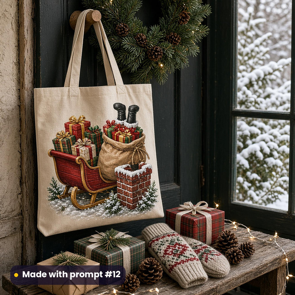 Canvas tote bag printed with a red sleigh piled with gifts, a sack of presents and a snowy brick chimney with black boots, hanging by a front door with a wreath, gifts and knitted mittens, made with prompt #12