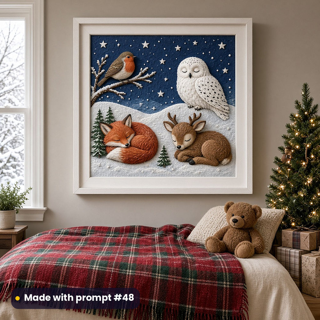 Framed wall art of a robin on a snowy branch, a sleeping snowy owl, a curled-up red fox and a sleeping baby reindeer on a starry midnight blue sky, above a child's bed with a tartan throw, a teddy bear and a lit Christmas tree, made with prompt #48