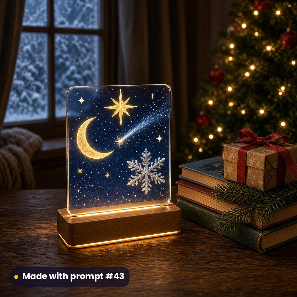Glowing acrylic night light on a wooden base printed with a golden star, a crescent moon, a shooting comet and a snowflake on a midnight blue sky, on a bedside table with storybooks, a gift and a Christmas tree, made with prompt #43