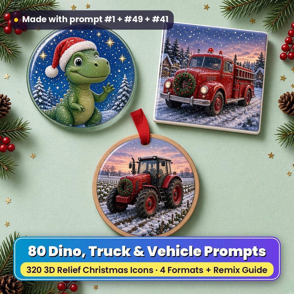 Christmas Dinosaurs, Monster Trucks, Diggers and Vehicles prompt pack title card: a glass coaster with a smiling green T-Rex in a Santa hat, a ceramic tile with a red fire engine with a wreath on a snowy evening and a wooden ornament with a red tractor with a wreath in a snowy field, on a mint table with pine and berries, made with prompt #1 + #49 + #41