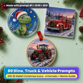 Christmas Dinosaurs, Monster Trucks, Diggers and Vehicles prompt pack title card: a glass coaster with a smiling green T-Rex in a Santa hat, a ceramic tile with a red fire engine with a wreath on a snowy evening and a wooden ornament with a red tractor with a wreath in a snowy field, on a mint table with pine and berries, made with prompt #1 + #49 + #41