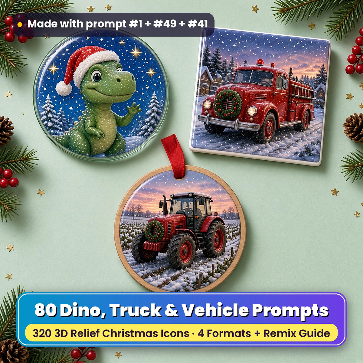 Christmas Dinosaurs, Monster Trucks, Diggers and Vehicles prompt pack title card: a glass coaster with a smiling green T-Rex in a Santa hat, a ceramic tile with a red fire engine with a wreath on a snowy evening and a wooden ornament with a red tractor with a wreath in a snowy field, on a mint table with pine and berries, made with prompt #1 + #49 + #41