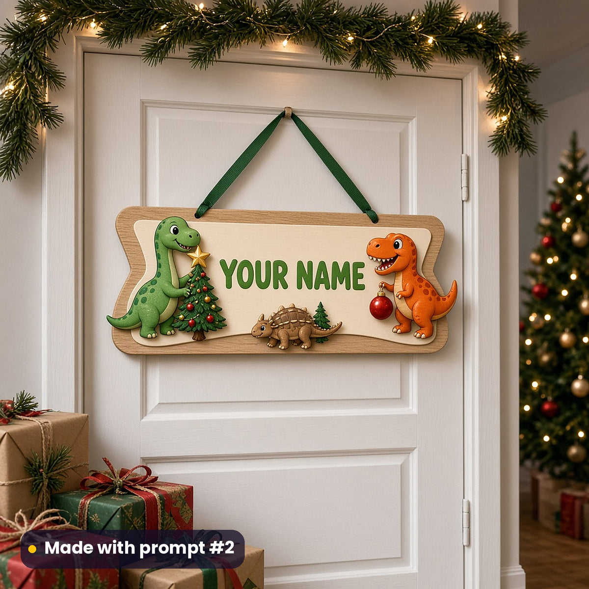 Personalised wooden bedroom door sign with a placeholder YOUR NAME, a raised green brachiosaurus placing a gold star on a little tree, an orange T-rex holding a red bauble and an ankylosaurus, hanging from a green ribbon on a white door under a lit garland, with wrapped gifts and a Christmas tree, made with prompt #2