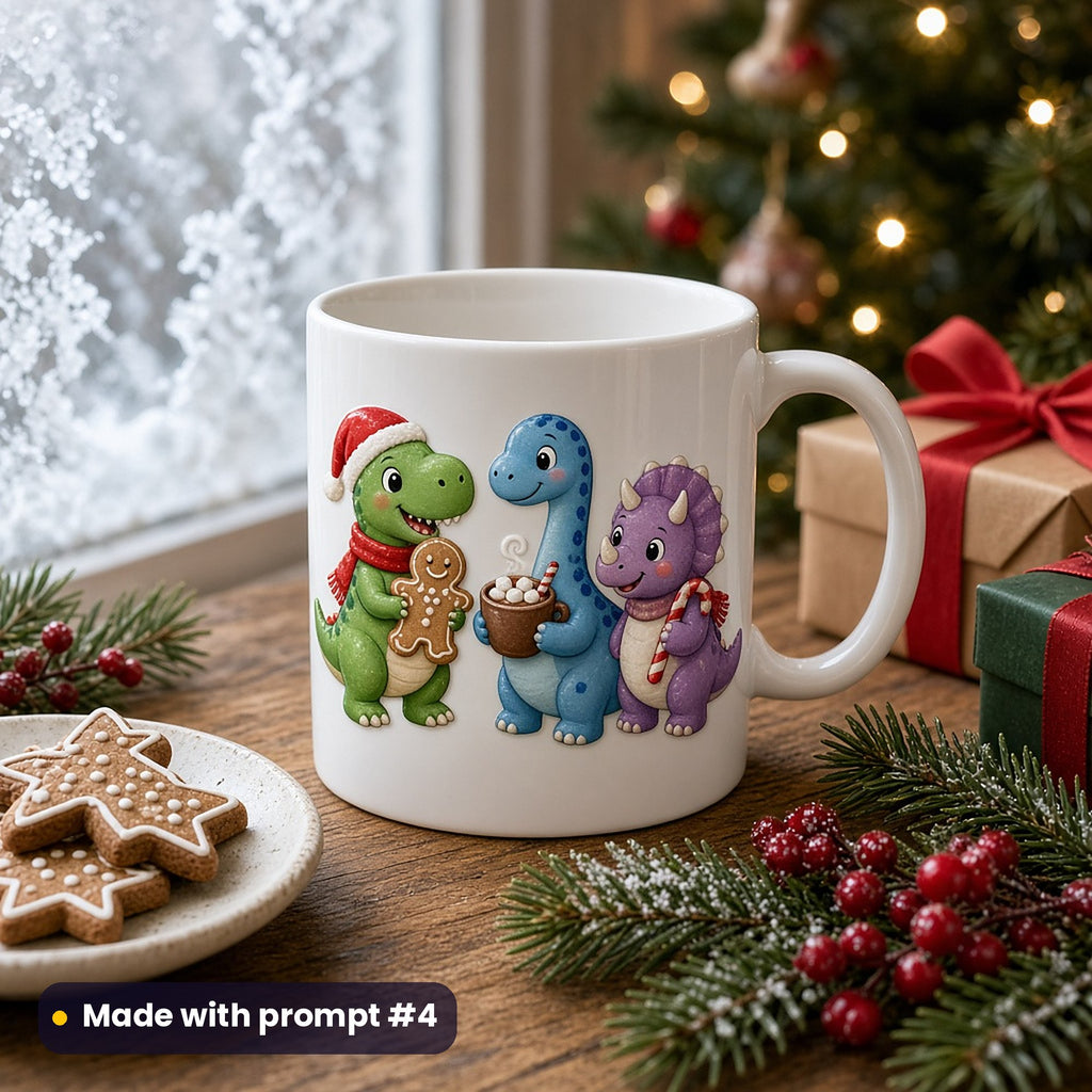 White ceramic mug printed with a green T-rex in a Santa hat holding a gingerbread cookie, a blue diplodocus with hot cocoa and a purple triceratops with a candy cane, by a frosted window with star cookies, berries and gifts, made with prompt #4
