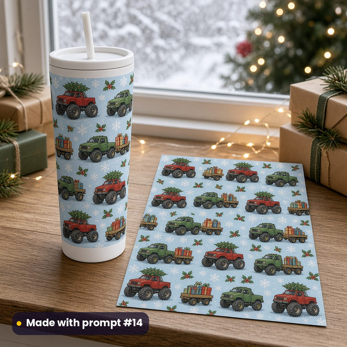 White skinny tumbler and its flat printed tumbler wrap with red monster trucks carrying Christmas trees and green trucks towing trailers of gifts, with holly and snowflakes on icy blue, on a windowsill with fairy lights and gifts, made with prompt #14