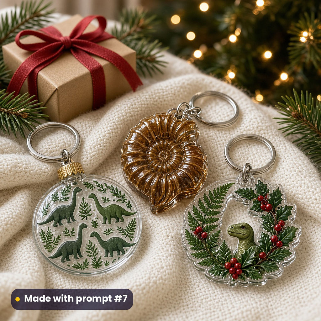 Three acrylic key rings: a clear bauble with green dinosaurs and ferns, an amber fossil ammonite and a fern-and-holly wreath with a little dinosaur, on a cream knitted blanket with a gift and pine, made with prompt #7