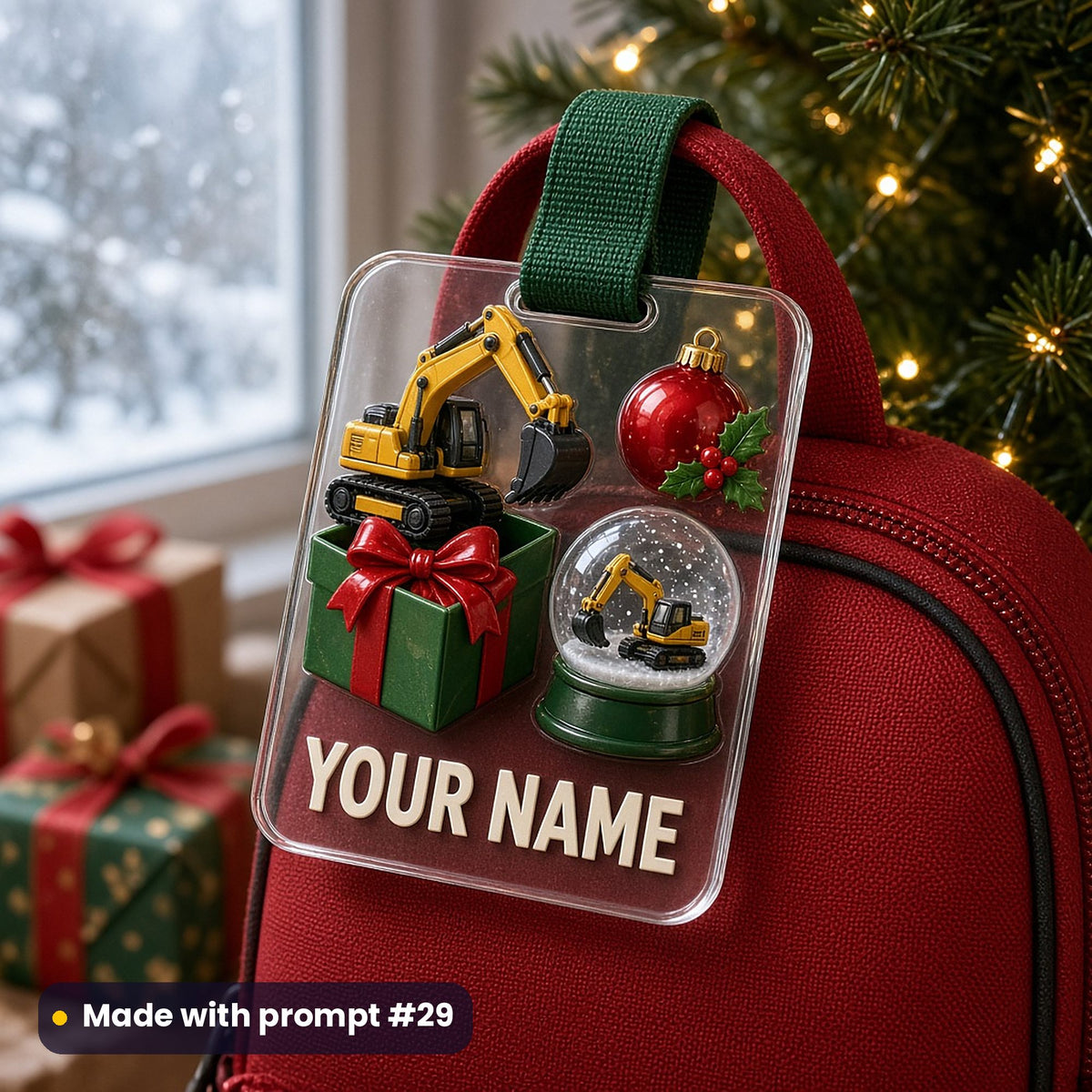 Clear acrylic bag tag with a placeholder YOUR NAME, a yellow toy excavator in a green gift box with a red bow, a red bauble with holly and a snow globe with a tiny excavator, on a green strap on a red backpack by a Christmas tree, made with prompt #29