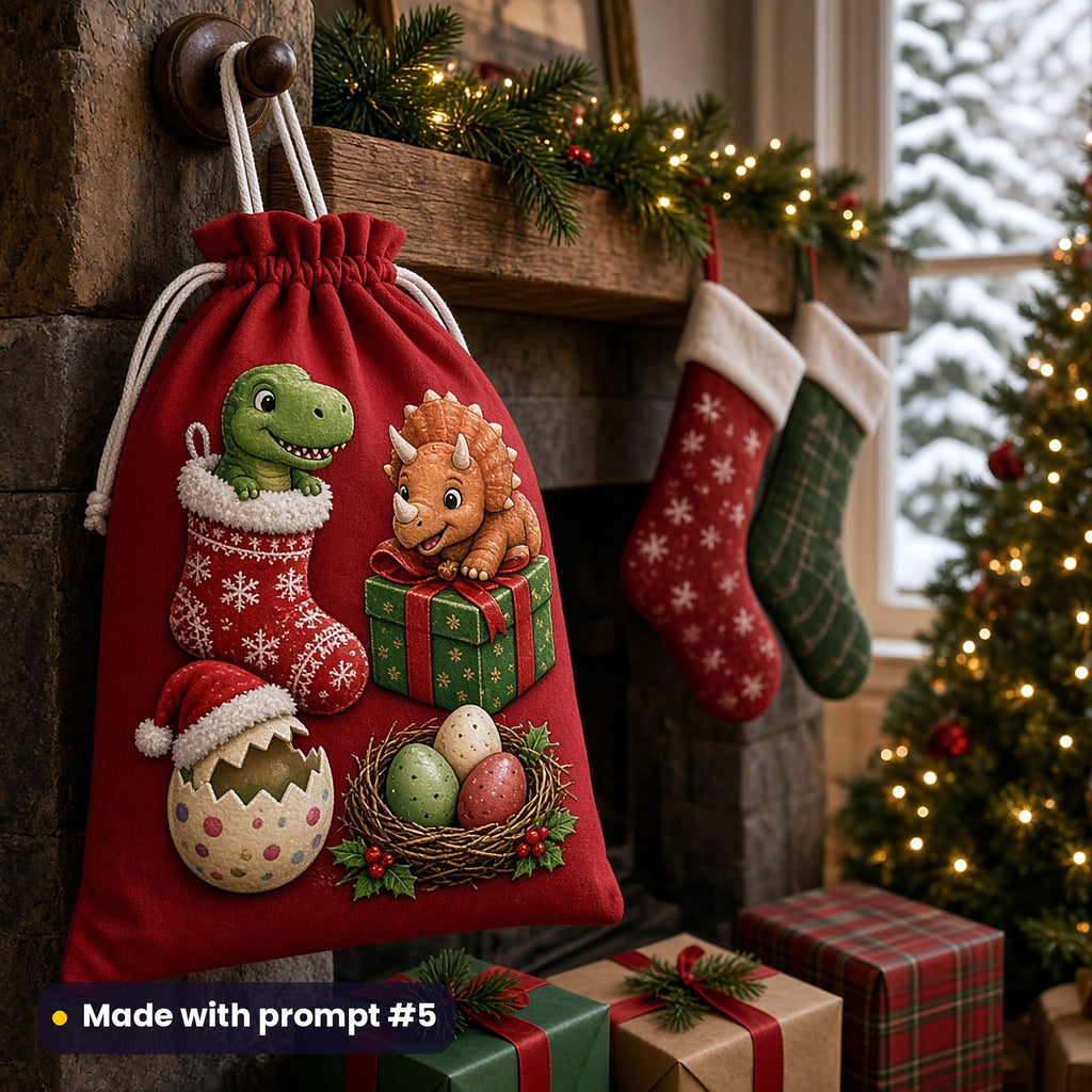 Red drawstring bag printed with a baby T-rex in a stocking, a baby triceratops on a gift box, a hatching egg in a Santa hat and a nest of festive eggs, hanging by a fireplace with stockings, a garland and a Christmas tree, made with prompt #5