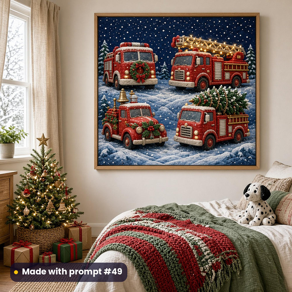 Framed wall art of four red fire engines with wreaths and lights on a snowy starry night, in an oak frame above a child's bed with a soft dalmatian toy and a lit Christmas tree, made with prompt #49