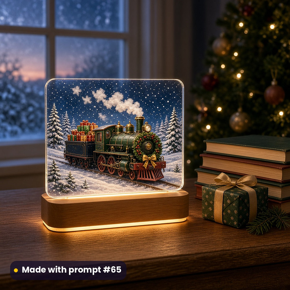 Glowing acrylic night light printed with a green steam locomotive with a wreath, puffing star-shaped steam and pulling a tender full of gifts through a snowy night, on a table with gifts and pine, made with prompt #65