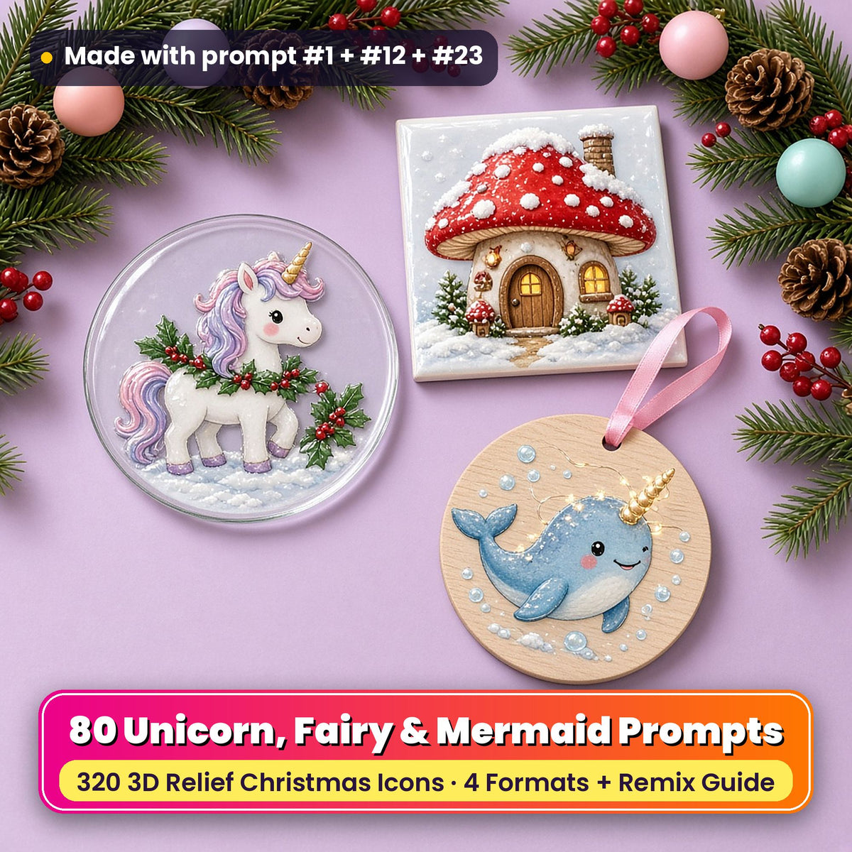 Christmas Unicorns, Fairies, Mermaids and Princess Magic prompt pack title card: a glass coaster with a white unicorn with a holly mane, a ceramic tile with a snowy toadstool fairy house and a wooden ornament with a narwhal whose horn is wrapped in fairy lights, made with prompt #1 + #12 + #23