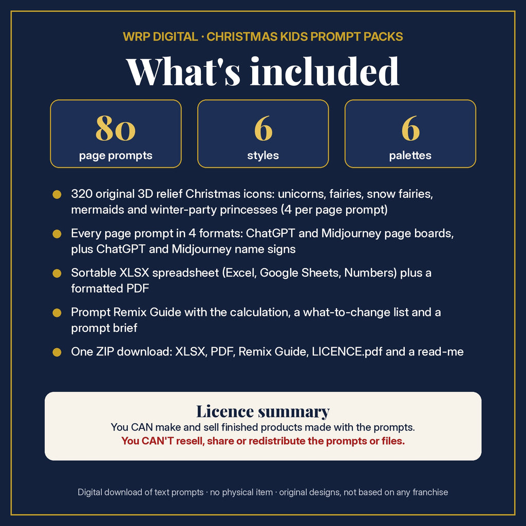 What's included: 80 page prompts, 6 styles, 6 palettes, 320 3D relief icons in 4 formats, XLSX and PDF, Prompt Remix Guide, ZIP, and a licence summary