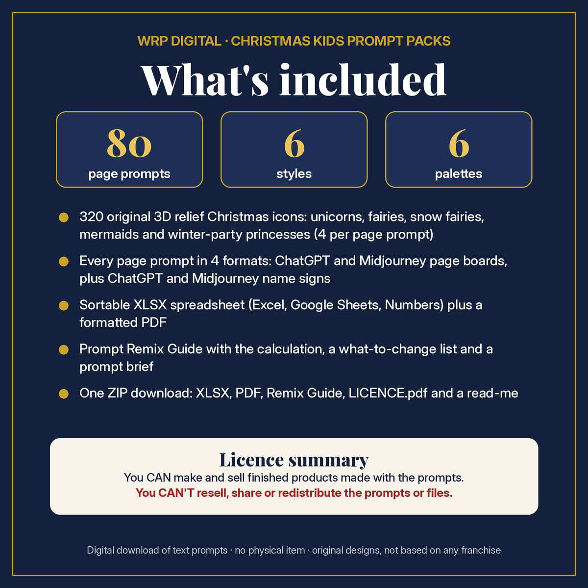 What's included: 80 page prompts, 6 styles, 6 palettes, 320 3D relief icons in 4 formats, XLSX and PDF, Prompt Remix Guide, ZIP, and a licence summary