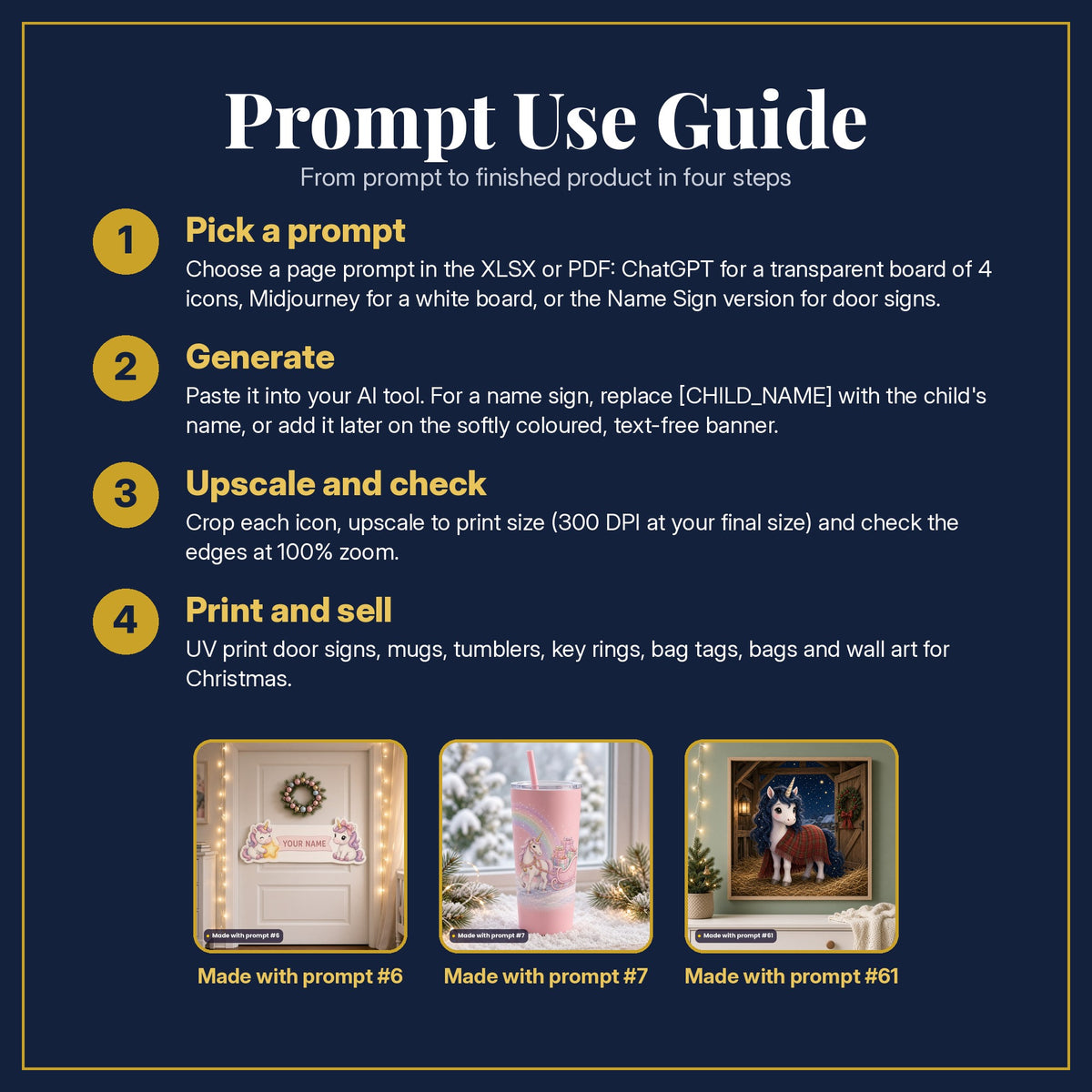Prompt Use Guide in four steps: pick a prompt, generate, upscale and check, print and sell, with example products made with prompts #6, #7 and #61