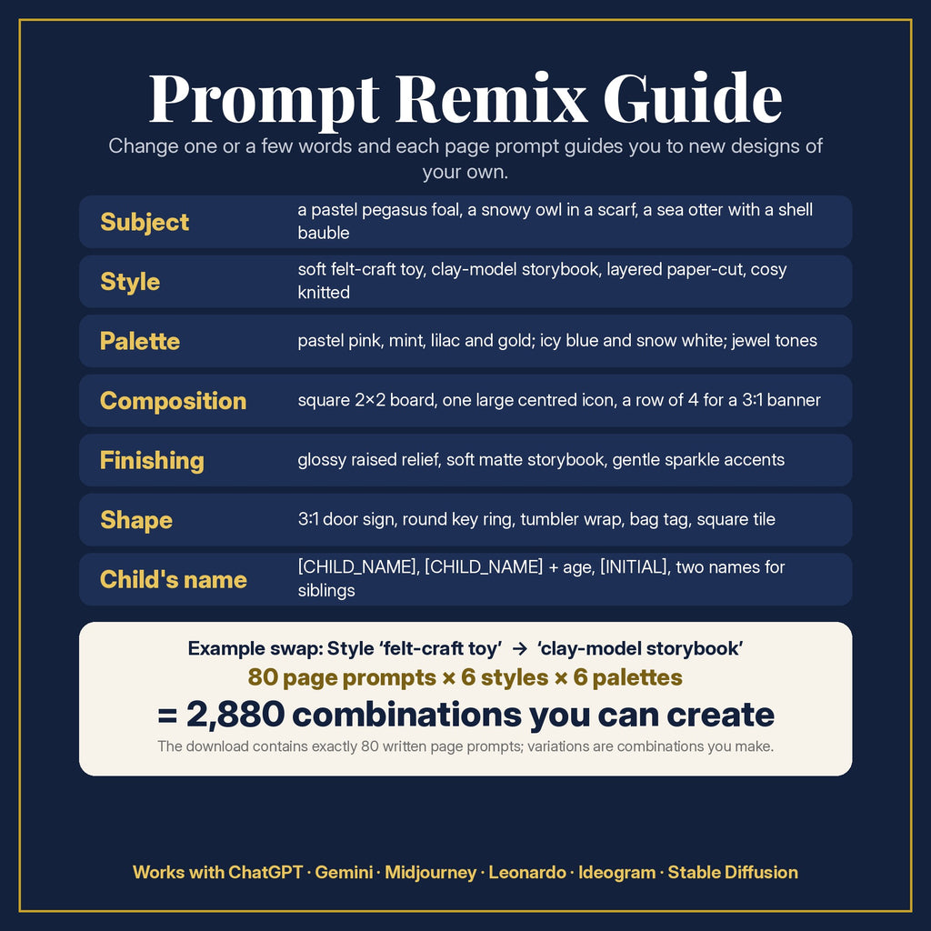 Prompt Remix Guide: change subject, style, palette, composition, finishing, shape and the child's name; 80 page prompts × 6 styles × 6 palettes = 2,880 combinations you can create