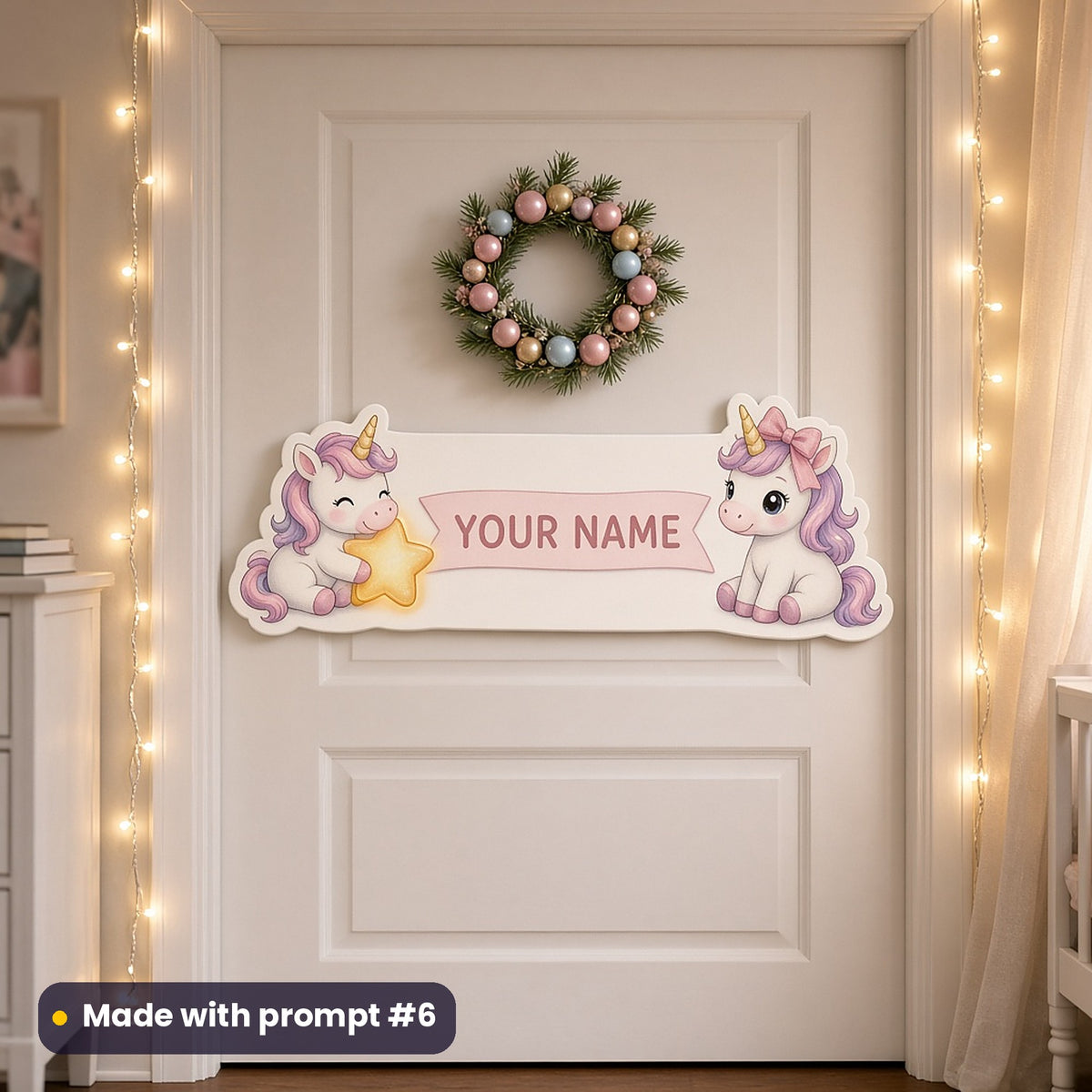 White wooden bedroom door sign with two baby unicorns, one hugging a gold star and one with a pink bow, either side of a pink banner reading YOUR NAME, on a door with a pastel wreath and fairy lights, made with prompt #6