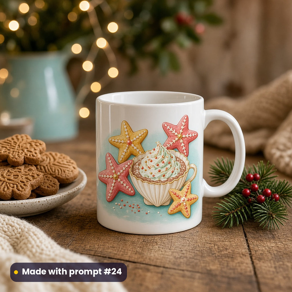 White mug printed with starfish cookies and a shell cup of sea-foam cocoa on aqua, on a wooden table with gingerbread and pine, made with prompt #24