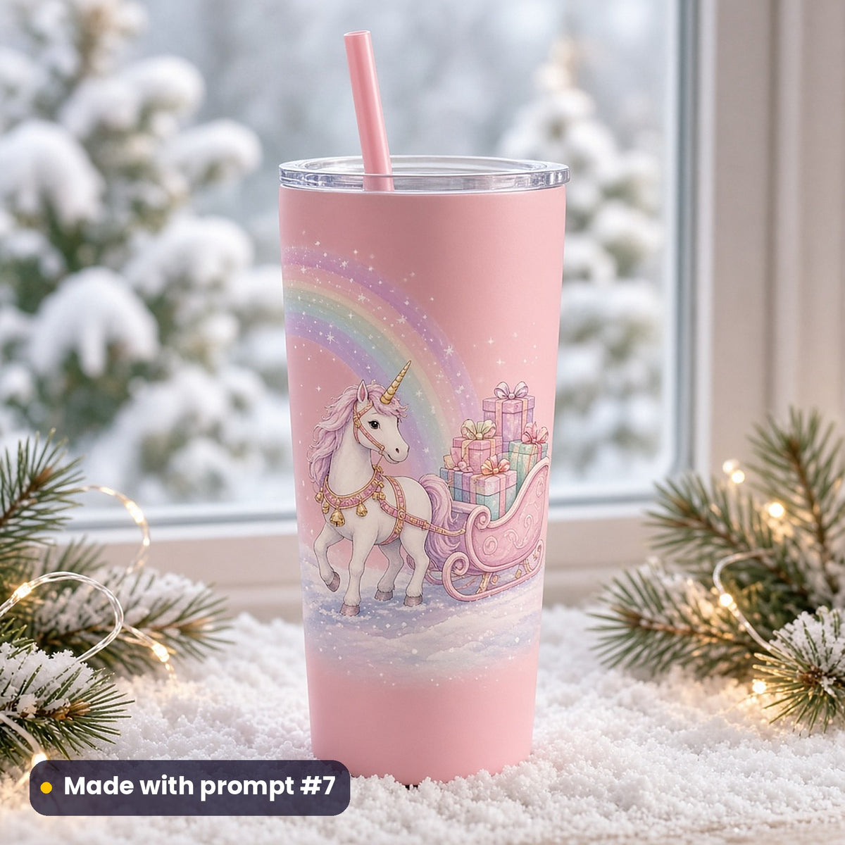 Pink tumbler printed with a white unicorn pulling a pastel sleigh of gifts under a rainbow sparkle trail, on a snowy windowsill, made with prompt #7