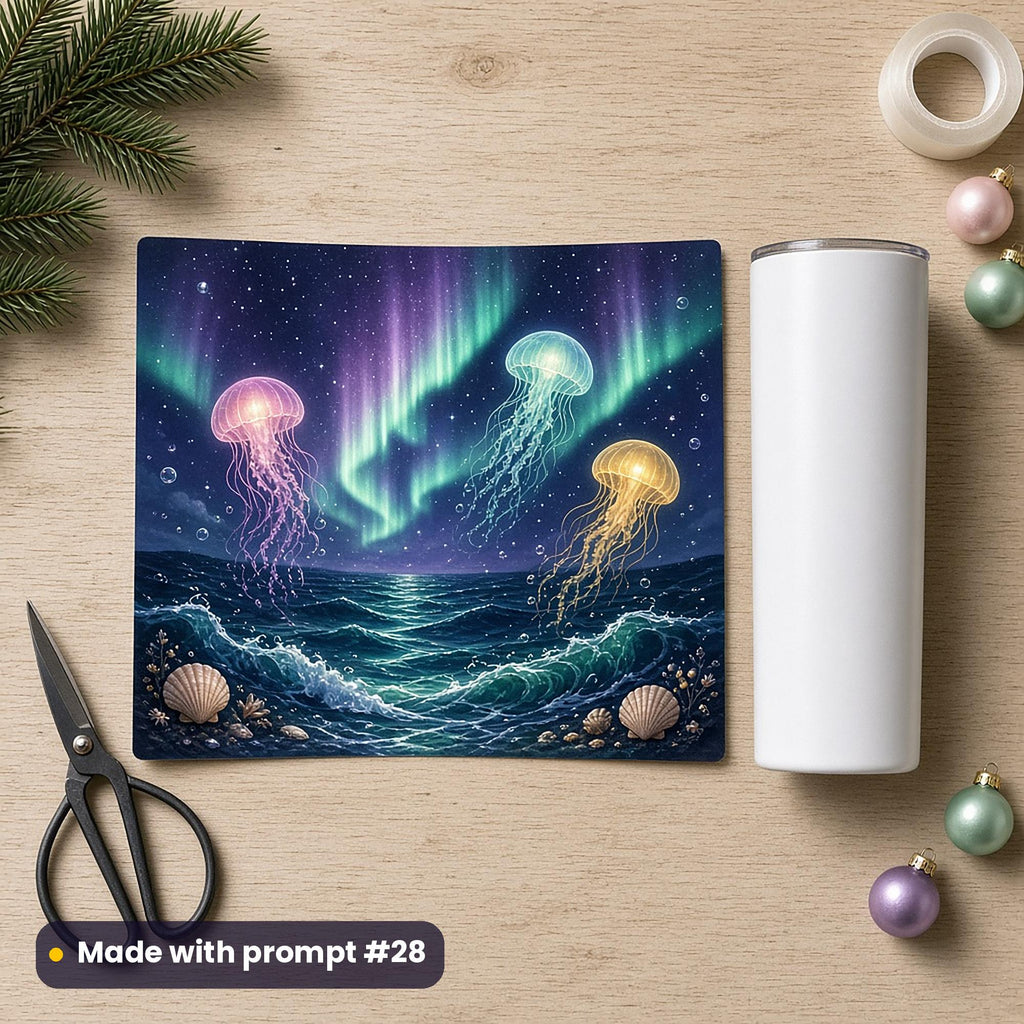 Flat printed tumbler wrap of glowing jellyfish under the northern lights over night waves, beside a blank white tumbler, scissors and heat tape, made with prompt #28