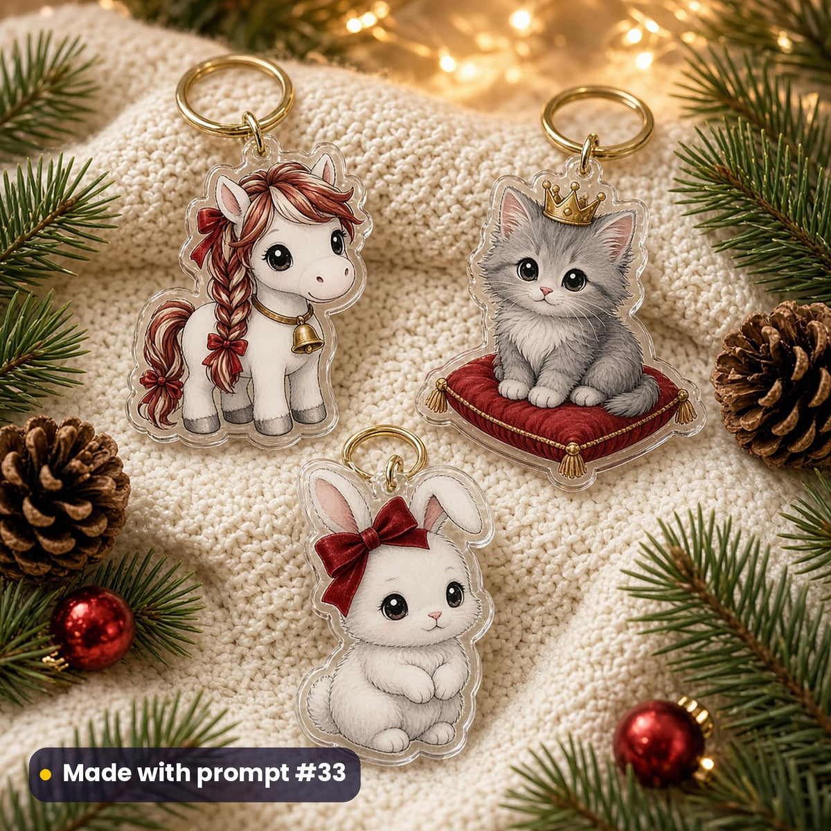 Three clear acrylic key rings with a pony with ribboned plaits, a grey kitten in a tiny crown on a red cushion and a white bunny with a red bow, on a cream knit with pine, made with prompt #33