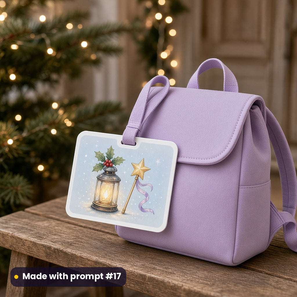 Acrylic bag tag on a lilac backpack printed with a glowing fairy lantern topped with holly and a gold star wand, by a Christmas tree, made with prompt #17