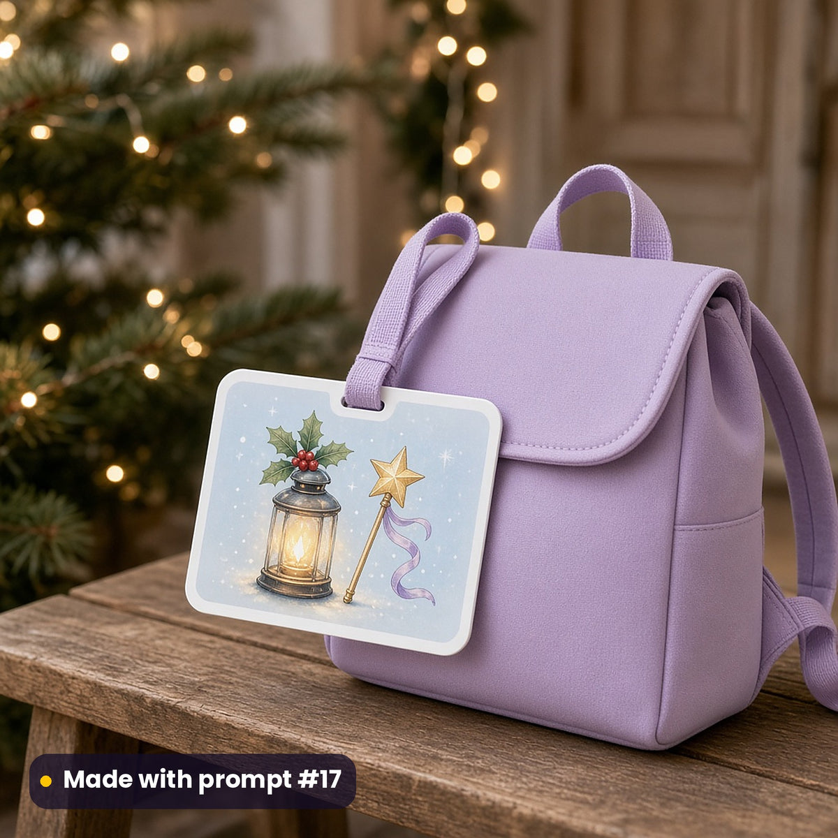 Acrylic bag tag on a lilac backpack printed with a glowing fairy lantern topped with holly and a gold star wand, by a Christmas tree, made with prompt #17