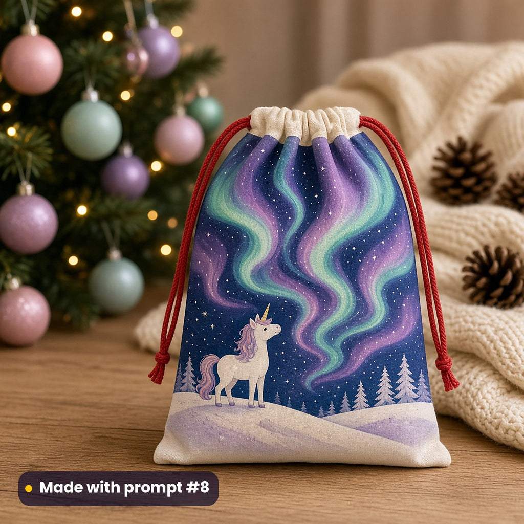 Cream drawstring bag with red cords printed with a white unicorn on a snowy hill under green and violet northern lights, beside a Christmas tree, made with prompt #8