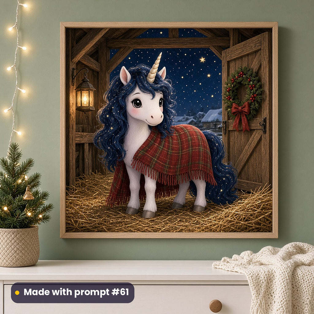 Framed full-bleed nursery print of a white unicorn with a starry midnight-blue mane in a red tartan stable blanket, in a cosy wooden stable with a lantern, golden hay and a wreathed door under a starry sky, on a sage wall with a small lit Christmas tree, made with prompt #61