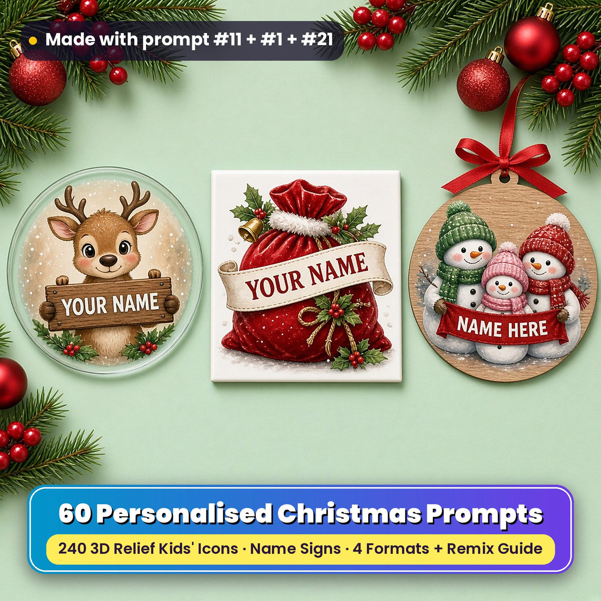 Personalised Kids Christmas prompt pack title card: a glass coaster with a reindeer holding a wooden sign reading YOUR NAME, a ceramic tile with a red velvet Santa sack with a banner reading YOUR NAME and a wooden ornament with three snowmen holding a banner reading NAME HERE, made with prompt #11 + #1 + #21