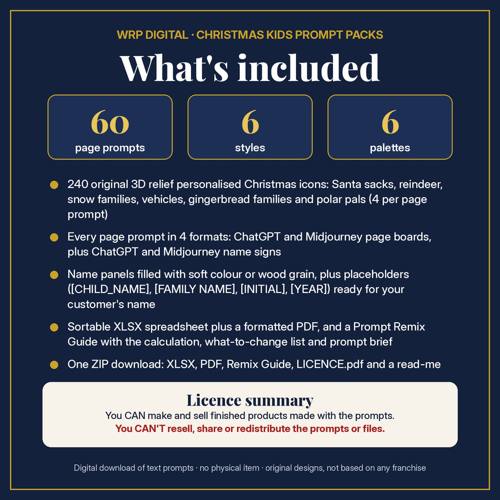 What's included: 60 page prompts, 6 styles, 6 palettes, 240 personalised 3D relief icons in 4 formats with filled, text-free name panels, XLSX and PDF, Prompt Remix Guide, ZIP and a licence summary