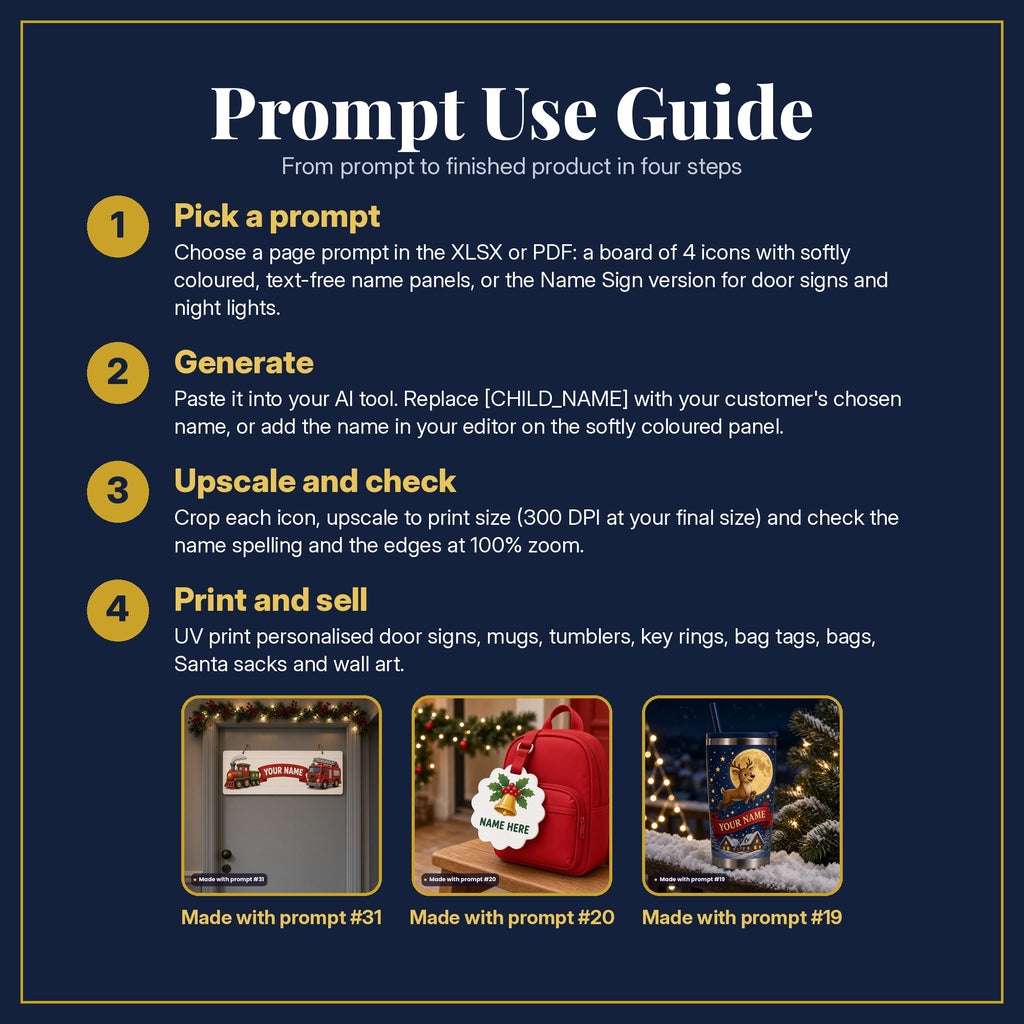 Prompt Use Guide in four steps: pick a prompt, generate, upscale and check, print and sell, with example products made with prompts #31, #20 and #19