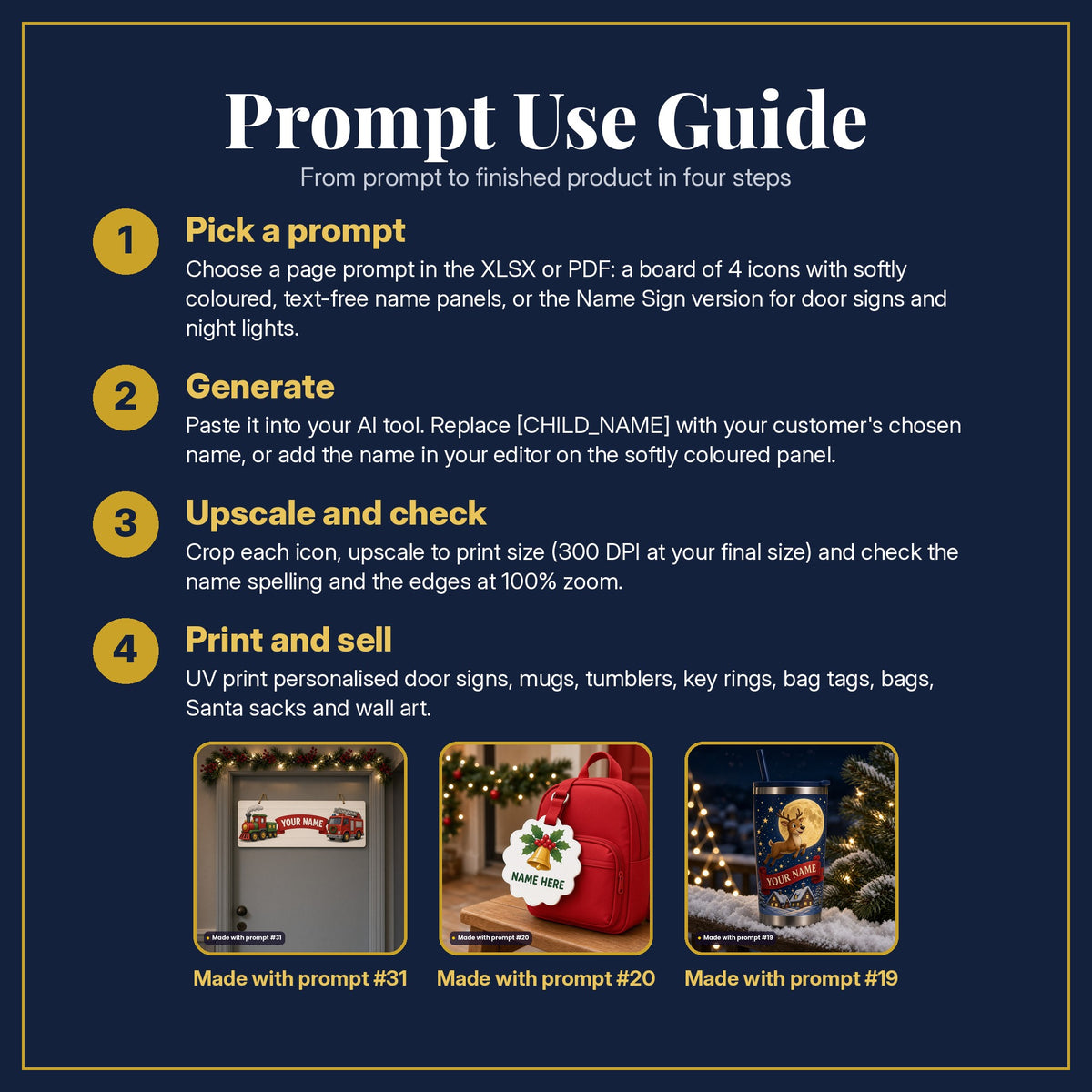 Prompt Use Guide in four steps: pick a prompt, generate, upscale and check, print and sell, with example products made with prompts #31, #20 and #19