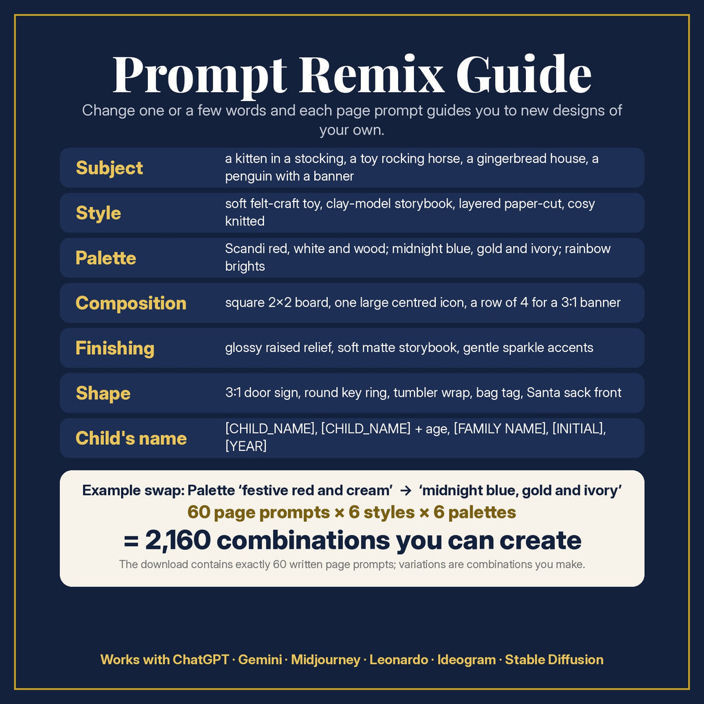 Prompt Remix Guide: change subject, style, palette, composition, finishing, shape and the child's name; 60 page prompts × 6 styles × 6 palettes = 2,160 combinations you can create