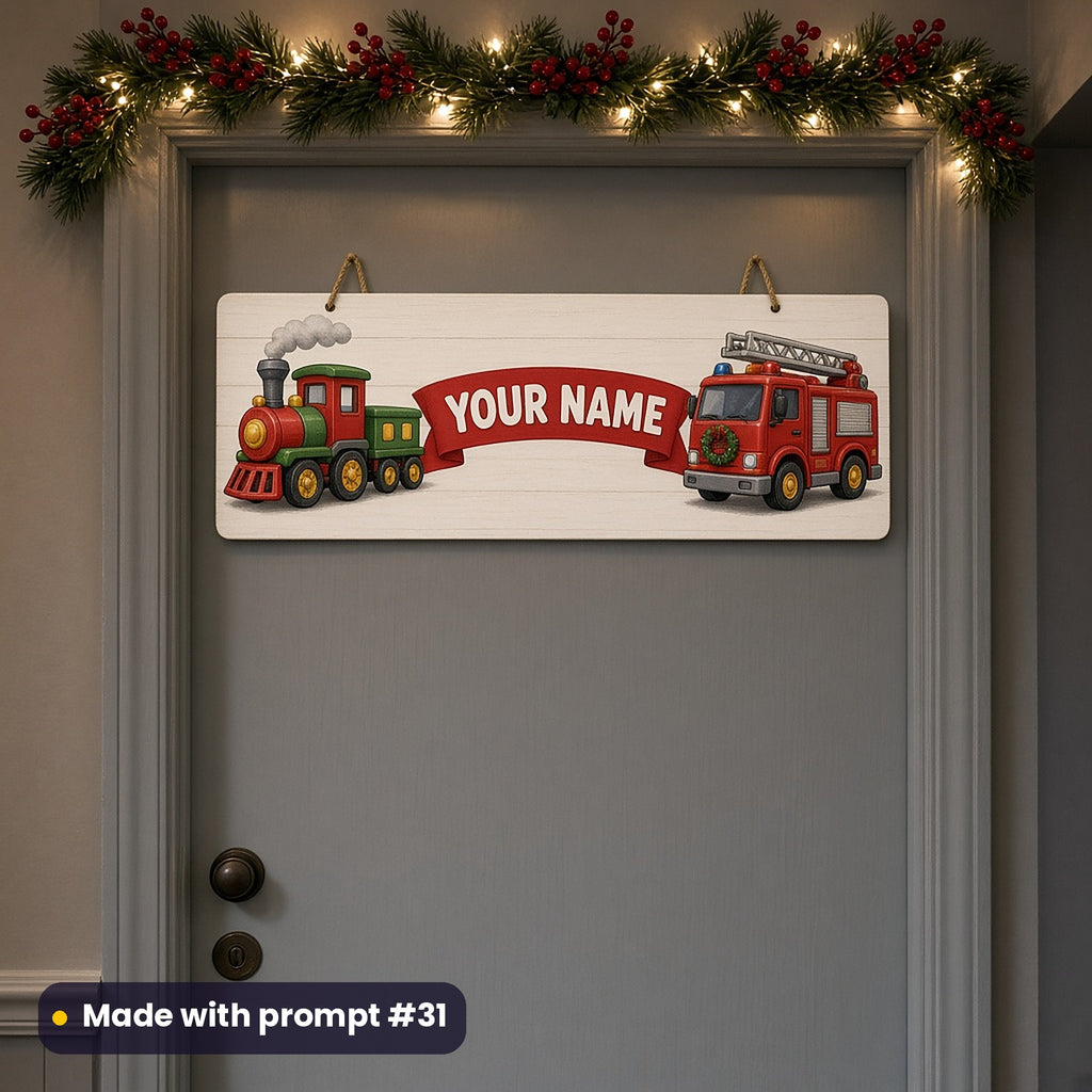White wooden door sign with a red and green toy steam train and a red toy fire engine either side of a red banner reading YOUR NAME, on a grey door under a berry garland, made with prompt #31