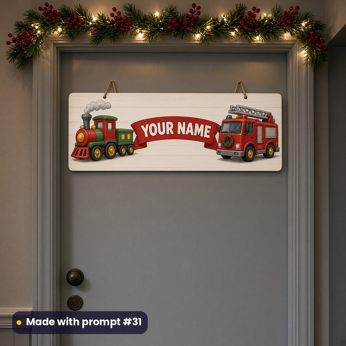 White wooden door sign with a red and green toy steam train and a red toy fire engine either side of a red banner reading YOUR NAME, on a grey door under a berry garland, made with prompt #31