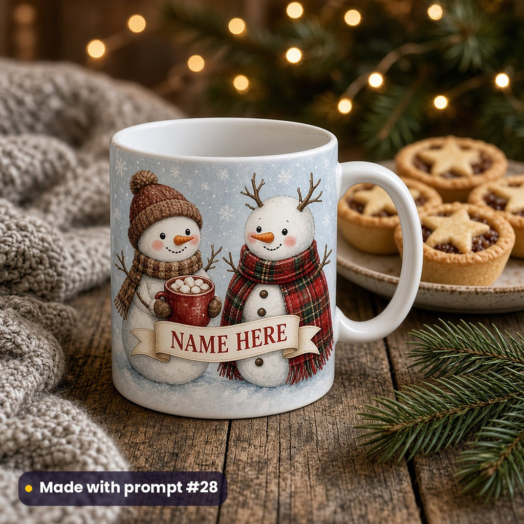 White mug printed on icy blue with a snowman holding a mug of cocoa and a snowman in a tartan scarf either side of a cream ribbon reading NAME HERE, beside mince pies and a grey knit, made with prompt #28