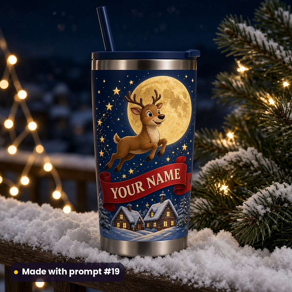Navy tumbler printed with a dark-nosed reindeer leaping across a full moon above snowy rooftops, trailing a red ribbon reading YOUR NAME, on a snowy porch rail, made with prompt #19