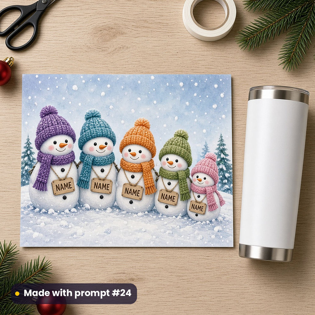 Flat printed tumbler wrap of five snowmen from tall to tiny in coloured knitted hats and scarves, each with a wooden tag reading NAME, beside a white tumbler, scissors and heat tape, made with prompt #24