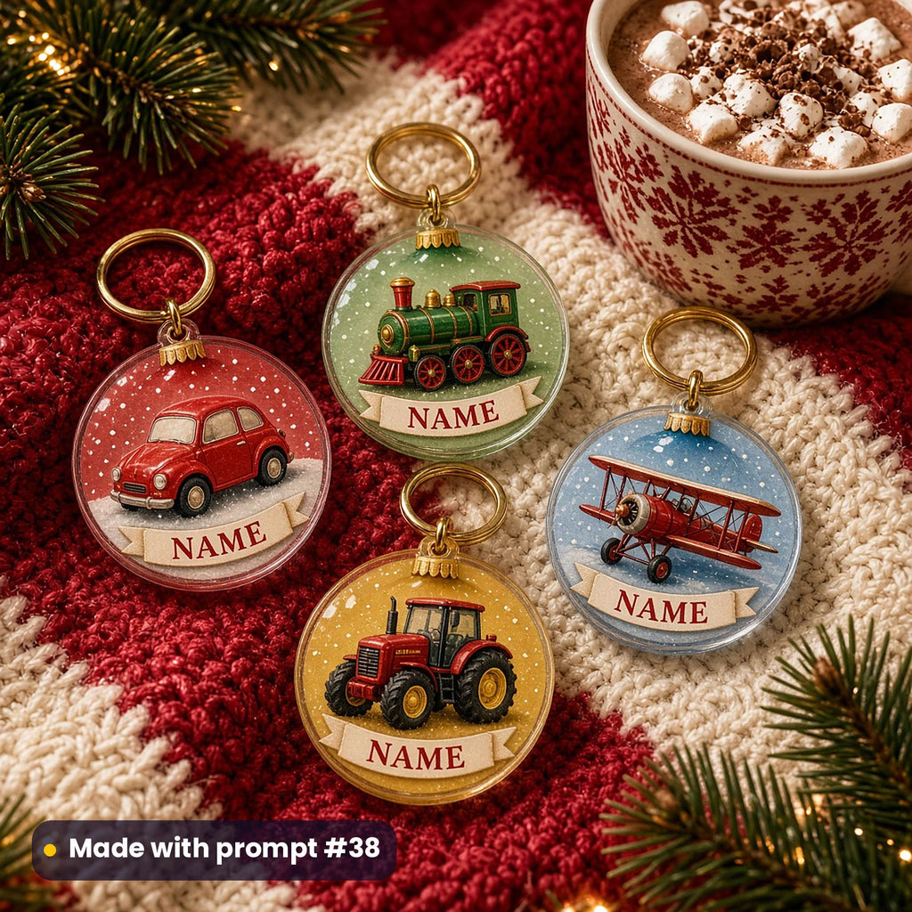 Four round acrylic key rings printed as baubles with a toy car, a steam train, a tractor and a biplane, each with a cream ribbon reading NAME, on a red and cream knit beside cocoa, made with prompt #38