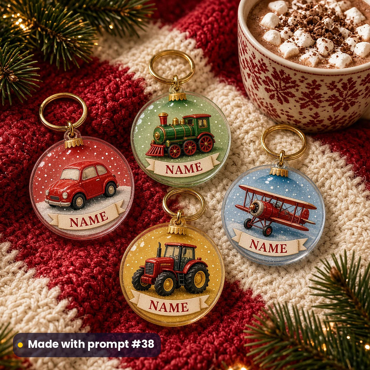 Four round acrylic key rings printed as baubles with a toy car, a steam train, a tractor and a biplane, each with a cream ribbon reading NAME, on a red and cream knit beside cocoa, made with prompt #38