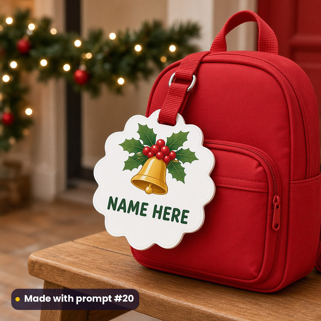 Scalloped bag tag on a red backpack printed with a gold bell and holly above the words NAME HERE, made with prompt #20