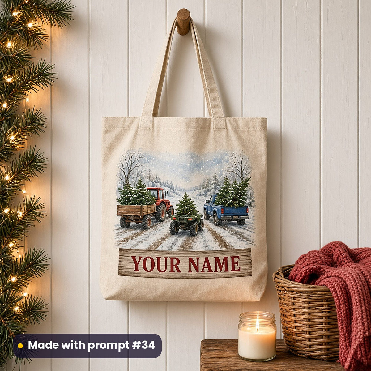 Canvas tote bag printed with a red tractor pulling a trailer of Christmas trees, a green quad bike and a blue pickup truck carrying trees on a snowy lane above a wood-grain banner reading YOUR NAME, made with prompt #34