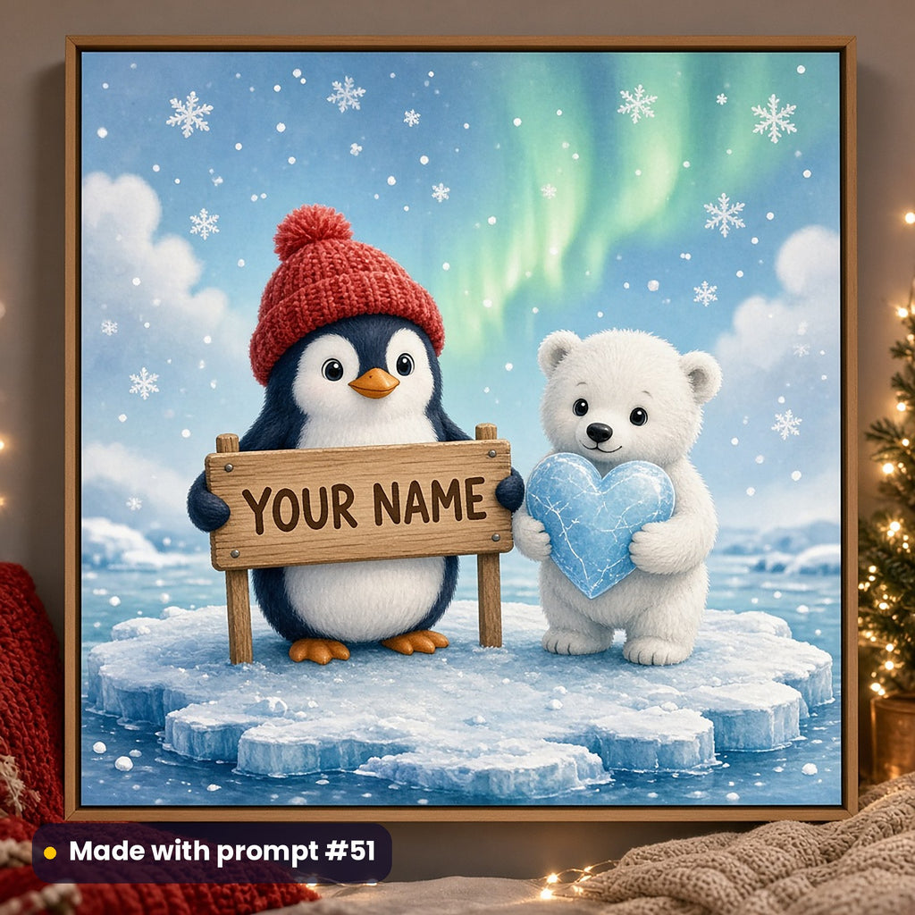 Framed full-bleed print of a penguin in a red bobble hat holding a wooden sign reading YOUR NAME beside a polar bear cub hugging an icy-blue heart, on an ice floe under northern lights, in a cosy bedroom with fairy lights, made with prompt #51