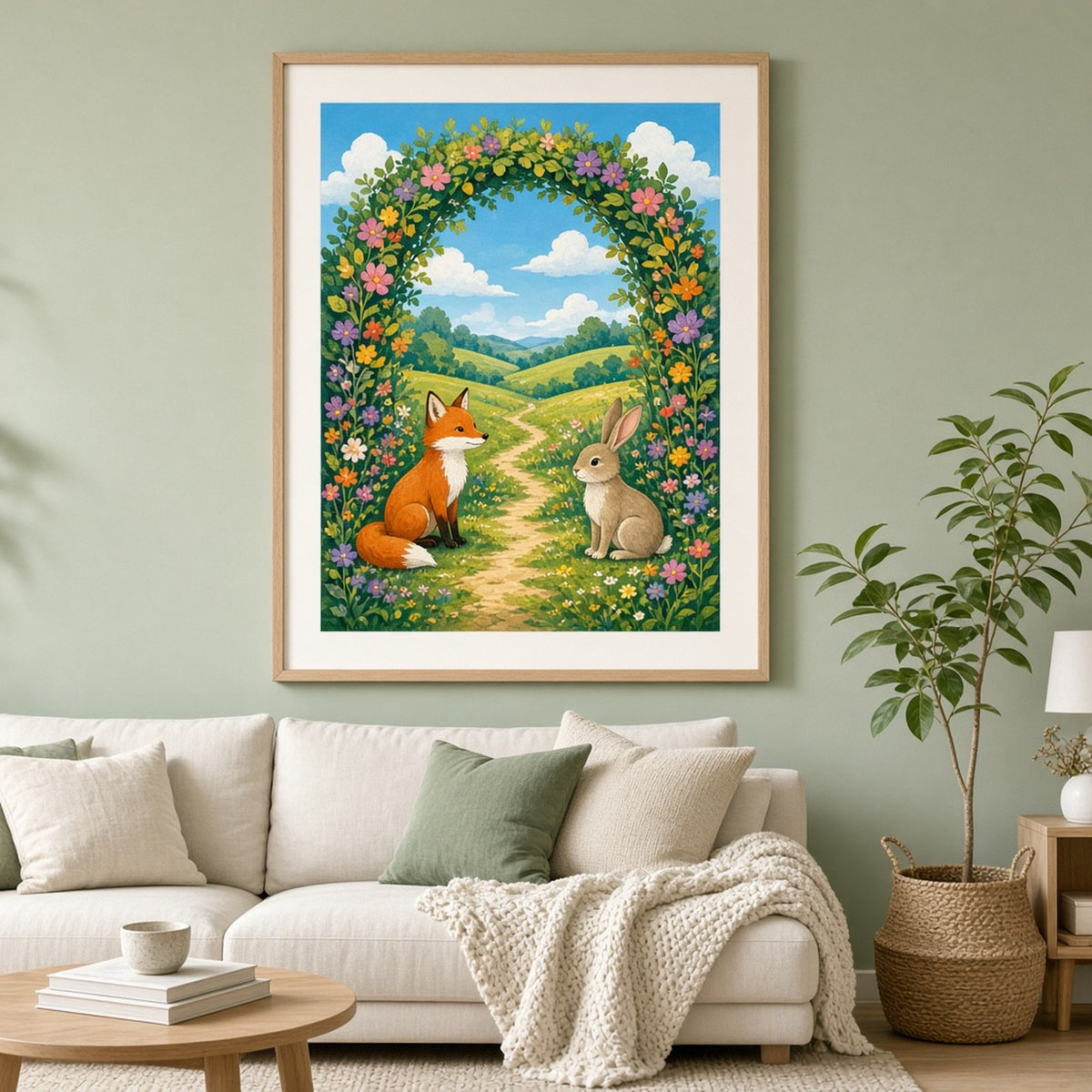 Storybook flower archway opening onto a sunny meadow path with a fox and a rabbit printed flat on a framed print in a living room, made with prompt #41
